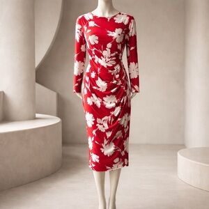 Maggy London Red Floral Sheath Dress Size 6 Ruched Midi Long Sleeve